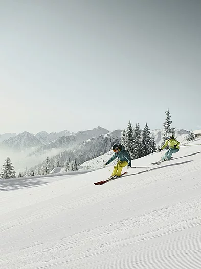 Gutscheine Zwei Skifahrer fahren eine verschneite Piste hinunter, mit einer verschneiten Berglandschaft